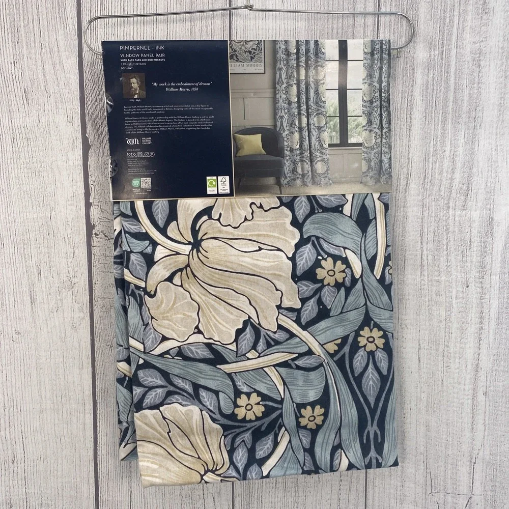 William Morris Curtain Panel Pair 50x84 Pimpernel Ink Navy Blue Floral Cotton